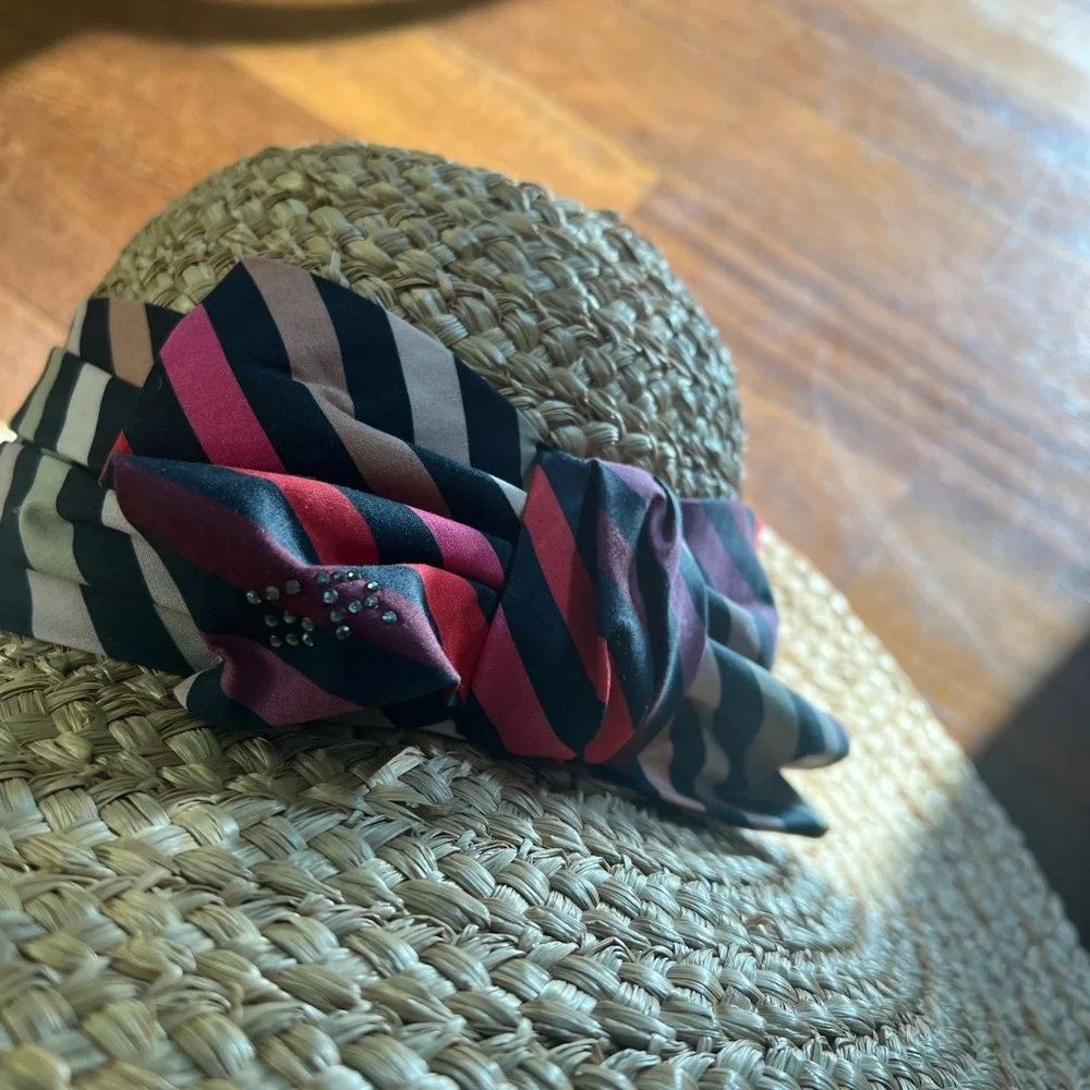 Sonia Rykiel straw hat with stripe bow *flaw* tan beige multicolor vintage y2k